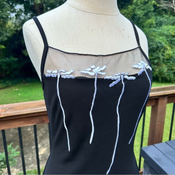 Cache Y2K Black slinky dress mesh White embroidered flowers dragonfly - Picture 2 of 7